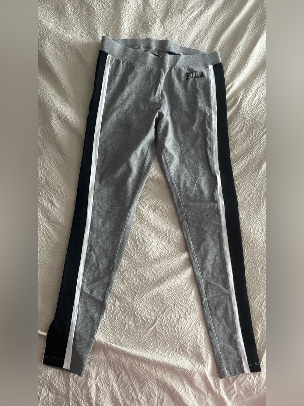 Fila Gray Leggings with Black Side Panels and White Stripes